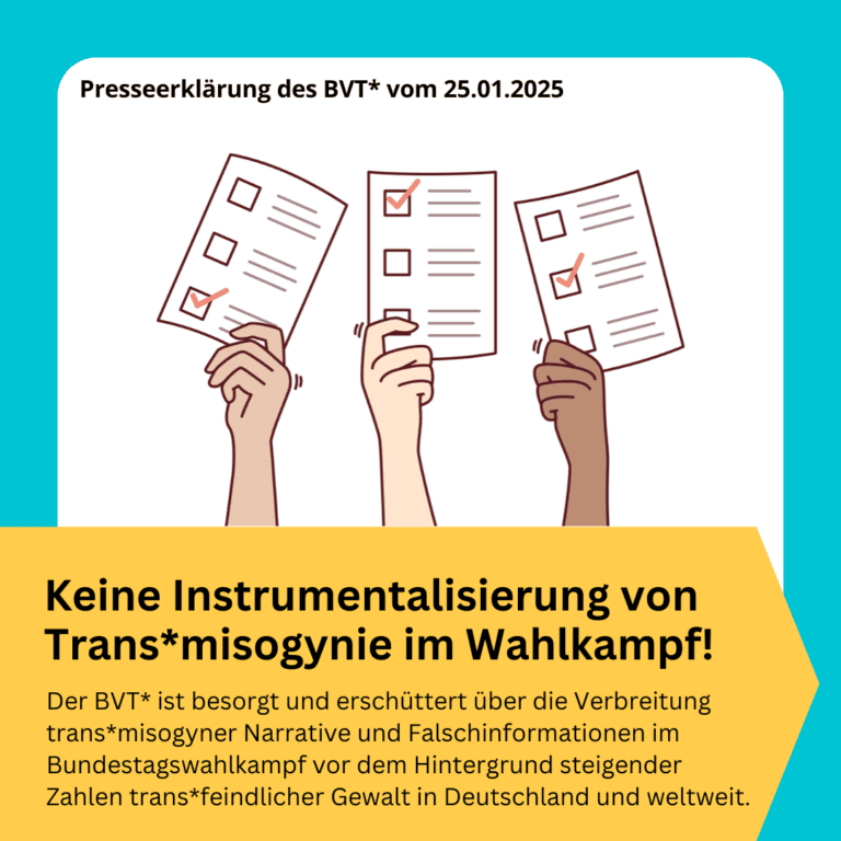 Grafik. Da steht: "Presseerklärung des BVT*. Keine Instrumentalisierung von Trans*misogynie im Wahlkampf! Der Bundesverband Trans* ist besorgt und erschüttert über die Verbreitung trans*misogyner Narrative und Falschinformationen im Bundestagswahlkampf vor dem Hintergrund steigender Zahlen trans*feindlicher Gewalt in Deutschland und weltweit." Bild von drei Händen, die Wahlzettel halten.