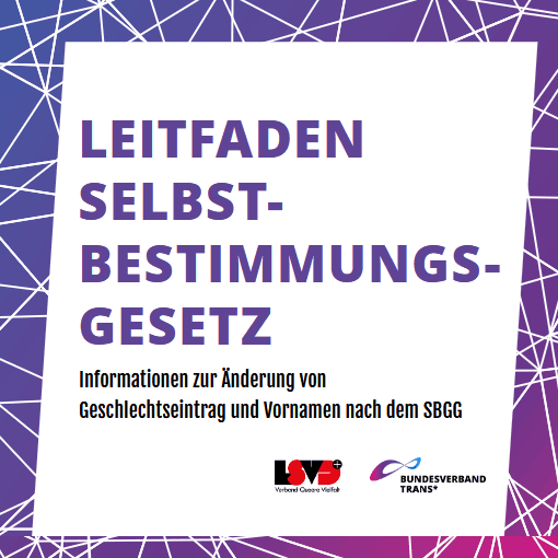 BVT Grafik. In der Mitte steht groß: "Leitfaden Selbstbestimmungsgesetz". Darunter steht kleiner: "Informationen zur Änderung von Geschlechtseintrag und Vornamen nach SBGG". Die große Schrift ist lila, die kleine ist schwarz. Die Schrift steht auf weißem Hintergrund. Um die Schrift ist ein bunter Rahmen. Er ist lila und pink. In der rechten unteren Ecke sind die Logos vom LSVD+ und vom BVT. Die Broschüre ist in Zusammenarbeit entstanden.