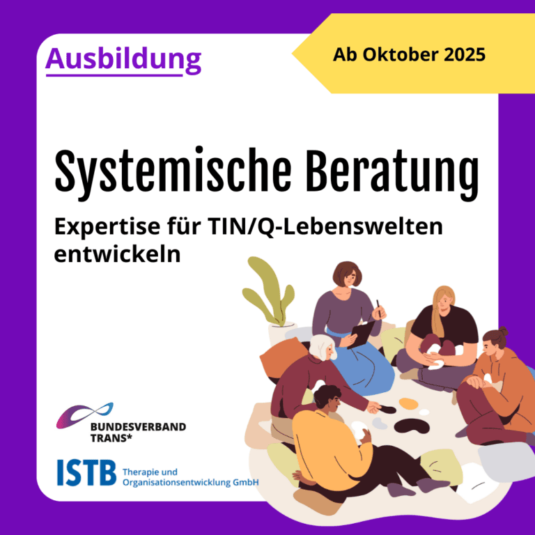 BVT Grafik. Da steht: "Ausbildung. Systemische Beratung. Ab Oktober 2025. Expertise für TIN/Q-Lebenswelten entwickeln." Zeichnung einer Gruppe von Menschen, die auf dem Boden sitzen und einige Gegenstände ordnen, während eine andere Person Notizen macht. Es ist ein Bild für eine Gruppentherapie. Logo von Bundesverband Trans und Logo von ISTB - Therapie und Organisationsentwichlung GmbH. Um das Bild herum ist ein lilafarbener Rahmen.