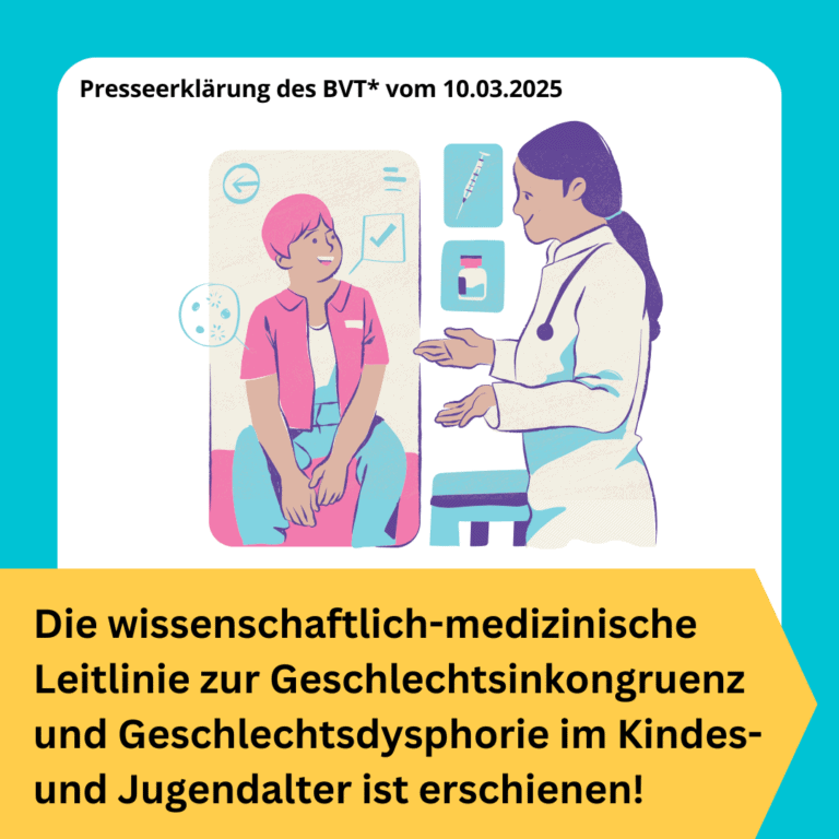 Grafik. Unten steht: "Die wissenschaftlich-medizinische Leitlinie zur Geschlechtsinkongruenz und Geschlechtsdysphorie im Kindes- und Jugendalter ist erschienen" Schwarzer Text auf gelbem Hintergrund. Oberhalb des Textes sind zwei gezeichnete Personen zu sehen: Eine jugendliche Person sitzt auf einer Liege in einem Arztzimmer. Daneben steht eine Ärztin. Sie unterhalten sich und sehen dabei entspannt aus. Beide lächeln. Sie unterhalten sich über Hormonbehandlung. Das sieht man daran, dass kleine Sprechblasen zwischen ihnen zu sehen sind. Dort sind aber keine Worte, sondern eine gezeichnete Spritze und eine gezeichnete Flasche, die Flüssigkeit enthält, die gespritzt werden könnte.